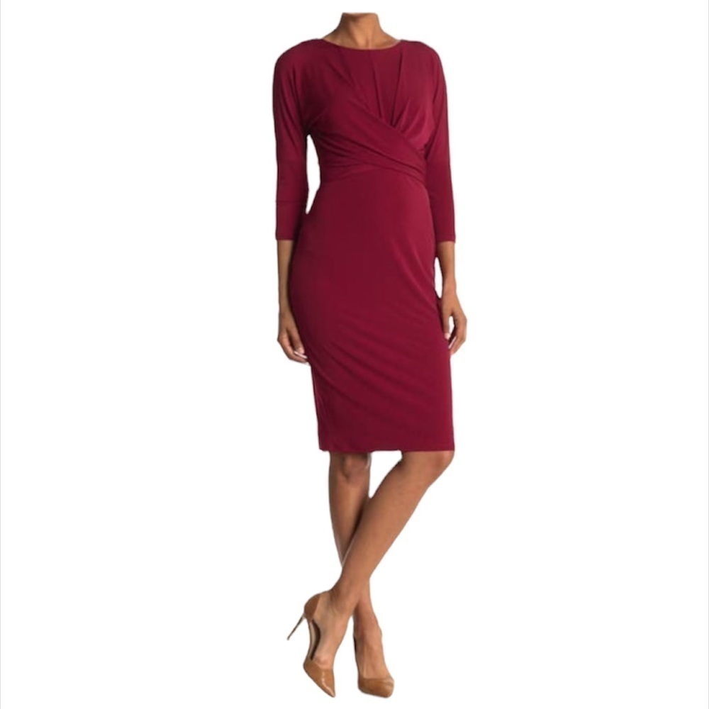 London Times Womens Red Wine Elbow Sleeve Jersey Knit Sheath Midi Dress Sz 4 New